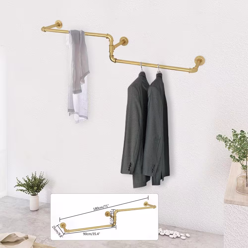 None Gold Iron Clothes Rack Hanging Rod Wall Mounted Pipe Garment Rack 71 in. W x 7.5 in. H
