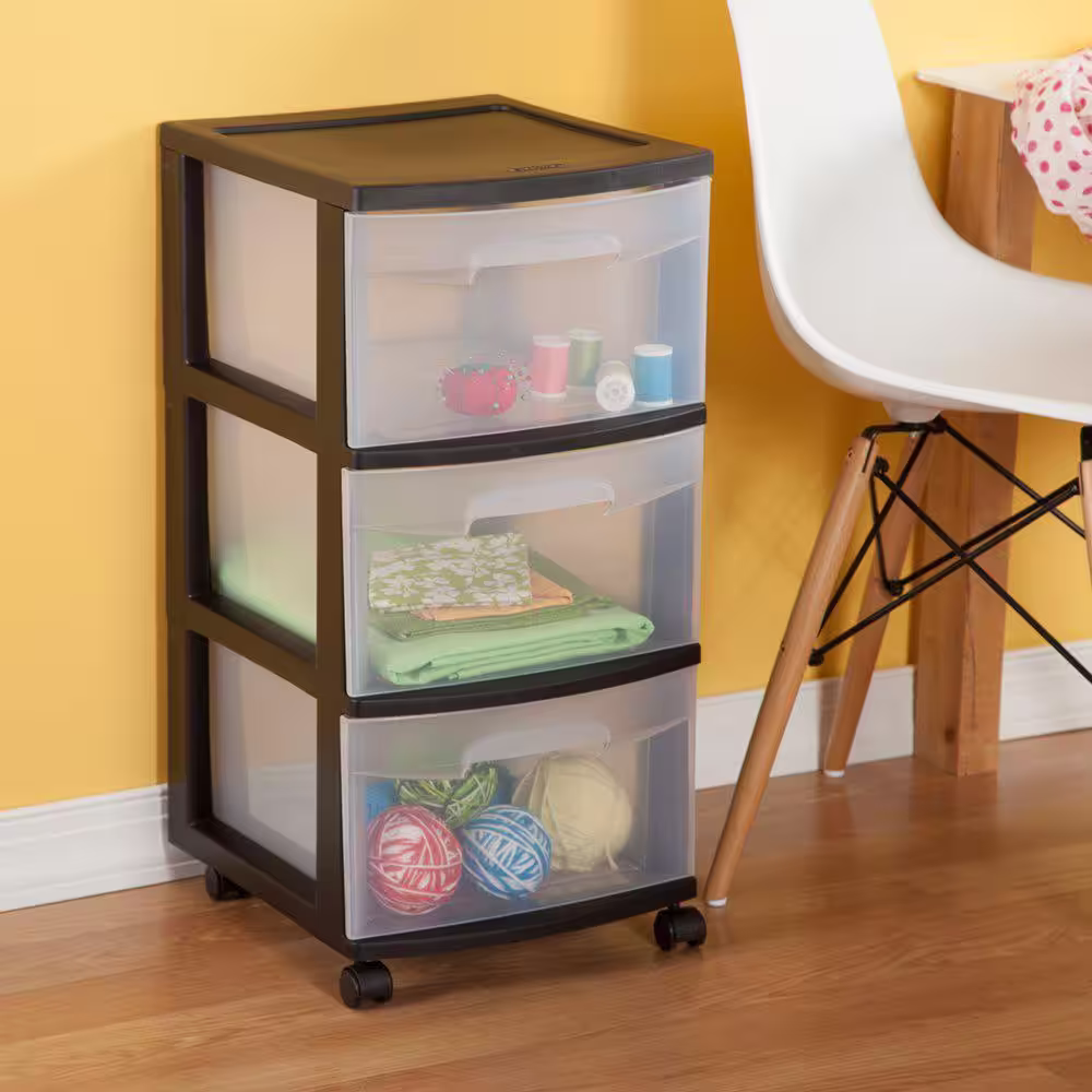 Sterilite 3-Drawer Storage Cart, Clear with Black Frame (2-Pack)