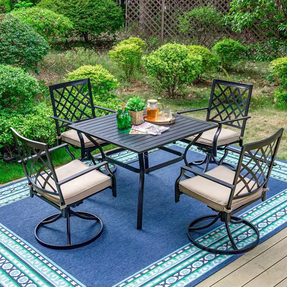 None Black 6-Piece Metal Slat Square Table Patio Outdoor Dining Set with Umbrella and Swivel Chairs with Beige Cushions