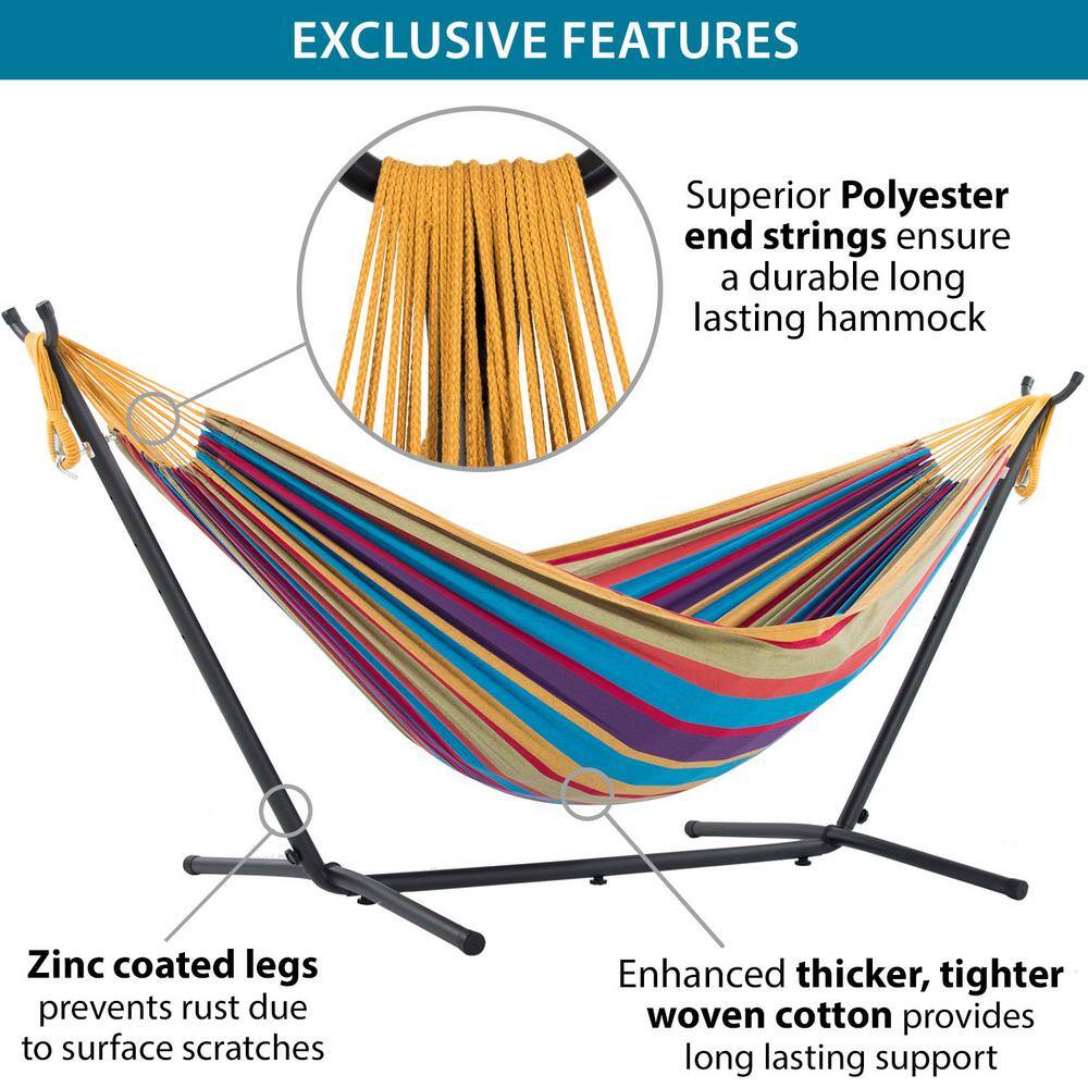 None 450 lbs. Capacity Double Cotton Hammock with Space Saving Steel Stand in Tropical