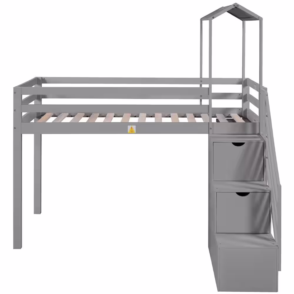 Harper & Bright Designs Gray Twin over Full House Roof Bunk Bed with Staircase and Shelves