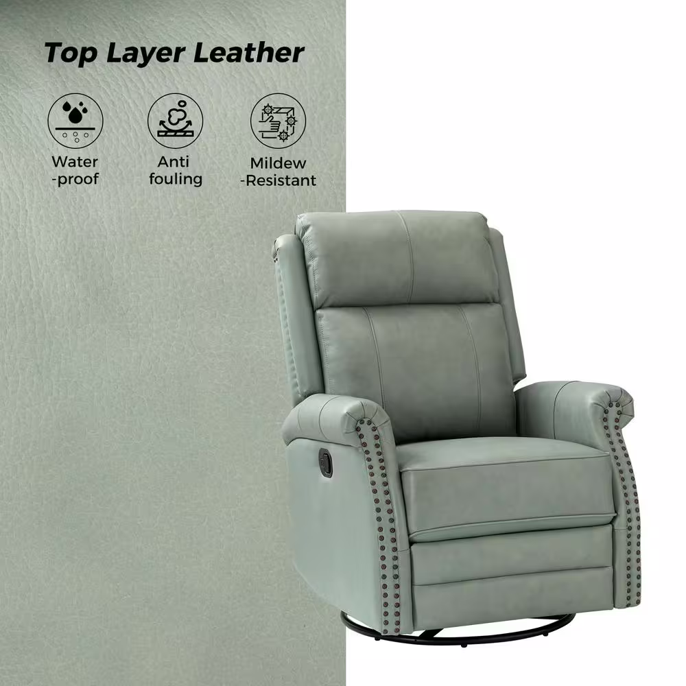 JAYDEN CREATION Sonia Transitional Sage 30.5'' Wide Genuine Leather 5-Position Manual Rocking Recliner with Metal Base and Rolled Arms