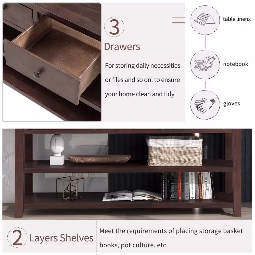 URTR 50 in.Espresso Rectangle Wood Long Console Table with Drawers and 2-Tier Shelves, 3 Drawers Sofa Table