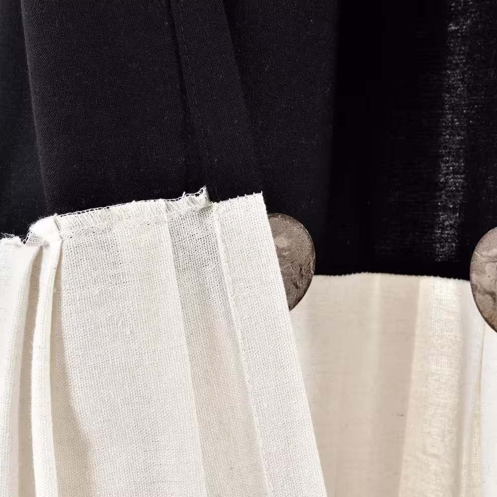 None Linen Button New 40 in. W x 108 in. L Window Curtain Panel in Black/White Single