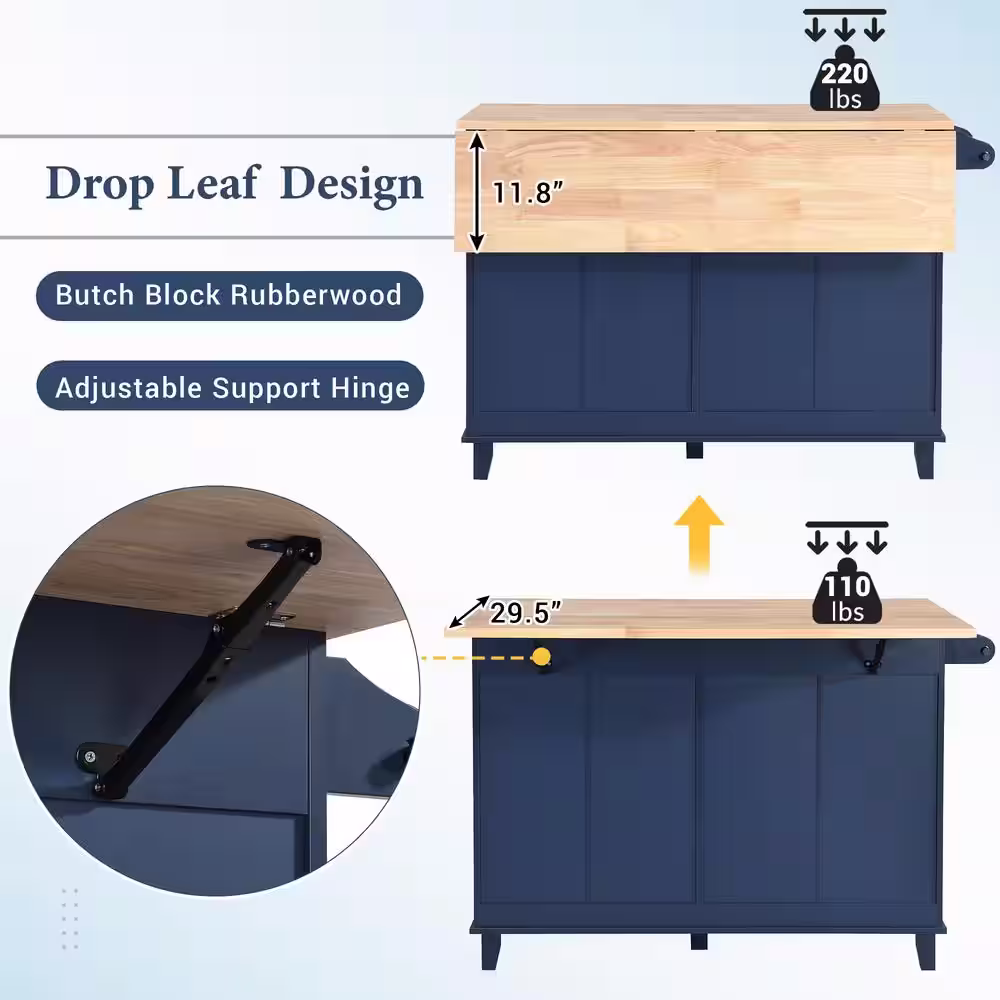 None Blue Drop Leaf Rubber Wood Tabletop 50.3 in. Kitchen Island with Stools