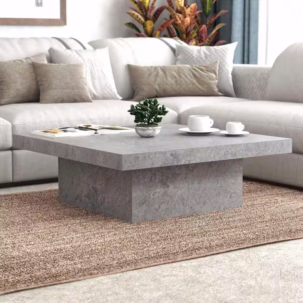None Carmelo 35.4 in Concrete Cool Grey Square Wood Top Coffee Table