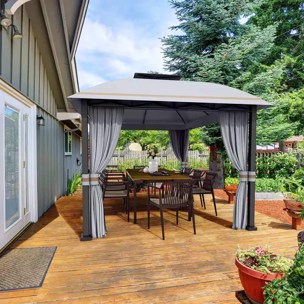 EGEIROSLIFE 10 ft. x 13 ft. Gray Double Roof Soft Top Aluminum Outdoor Patio Gazebo with Curtains and Mosquito Net