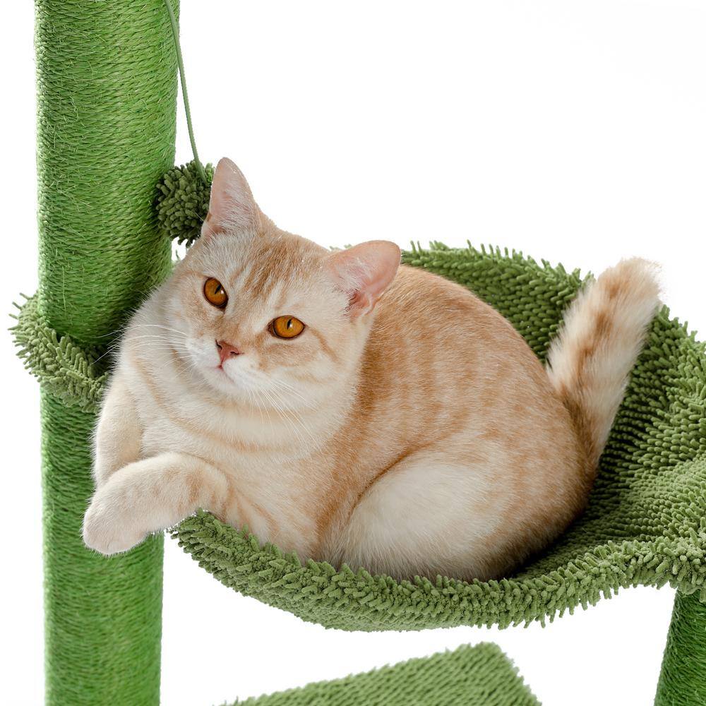 None 36.9 in. Wooden Green Cactus Cat Tree, Cat Tower with Sisal Covered Scratching Posts