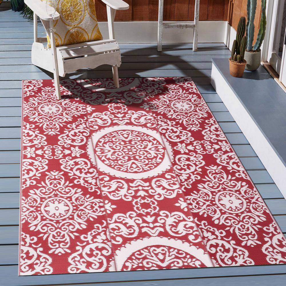 Nuu Garden Red and White 6 ft. x 9 ft. Rectangular Moroccan Polypropylene Waterproof Fade Resistant Indoor/Outdoor Area Rug