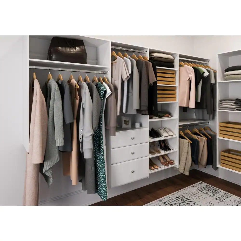 Closet Evolution 96 in. W - 120 in. W White L-Shaped Wood Closet System