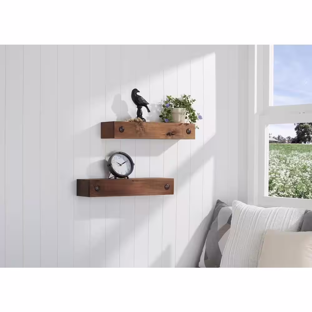 None 6.25 in. x 24 in. x 4 in. Walnut Solid Wood Decorative Nail Floating Decorative Wall-Shelf with Brackets (Set of 2)