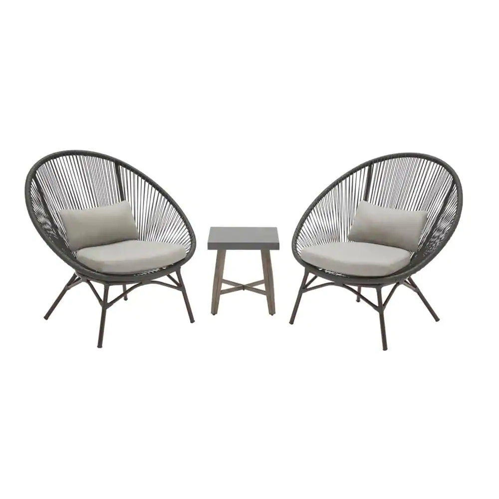 StyleWell Dark Gray 3-Piece Steel Papasan Rope Outdoor Patio Conversation Seating Set with Gray Cushion