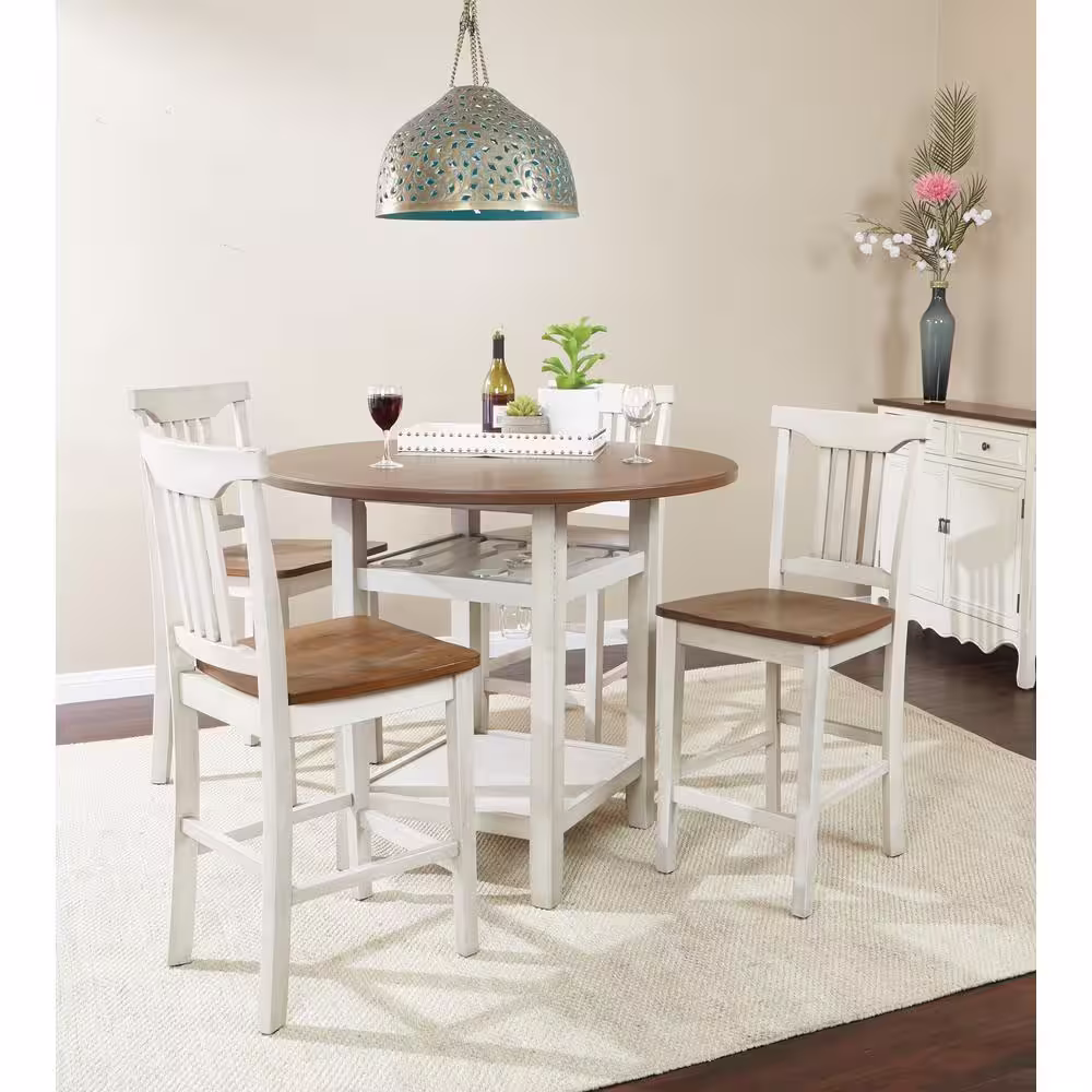 OSP Home Furnishings Berkley 5-Piece Set Table Chairs in Antique White with Wood Stain