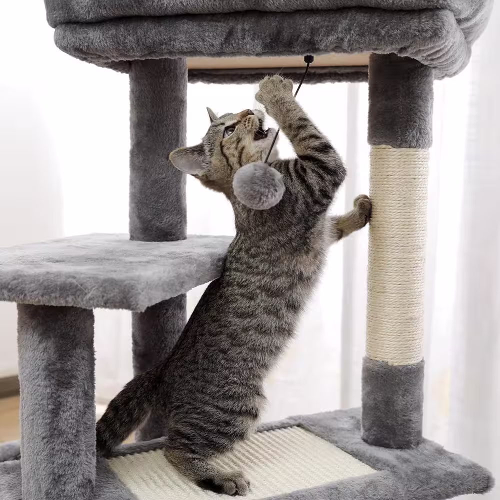 Foobrues Gray Cat Tree Multi-Level Cat Tower with Sisal Covered Scratching Posts, Spacious Condo, Cozy Hammock and Plush Perch