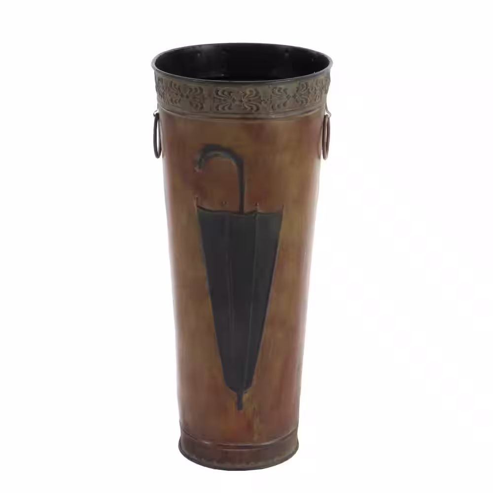 Litton Lane Brown Metal Umbrella Stand with Umbrella Image and Handles (Set of 2)