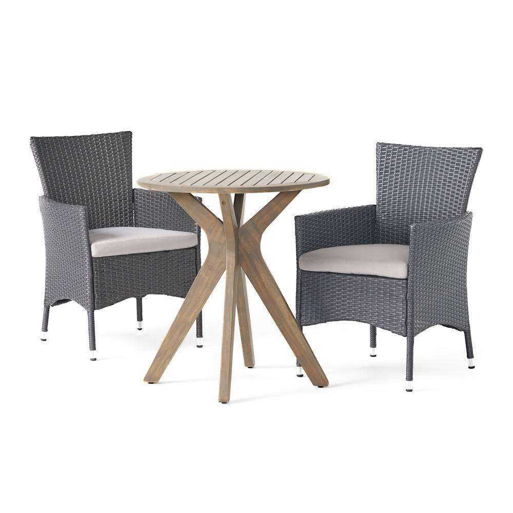 Noble House Jillian Gray 3-Piece Wood and Faux Rattan Outdoor Bistro Set with Silver Cushions