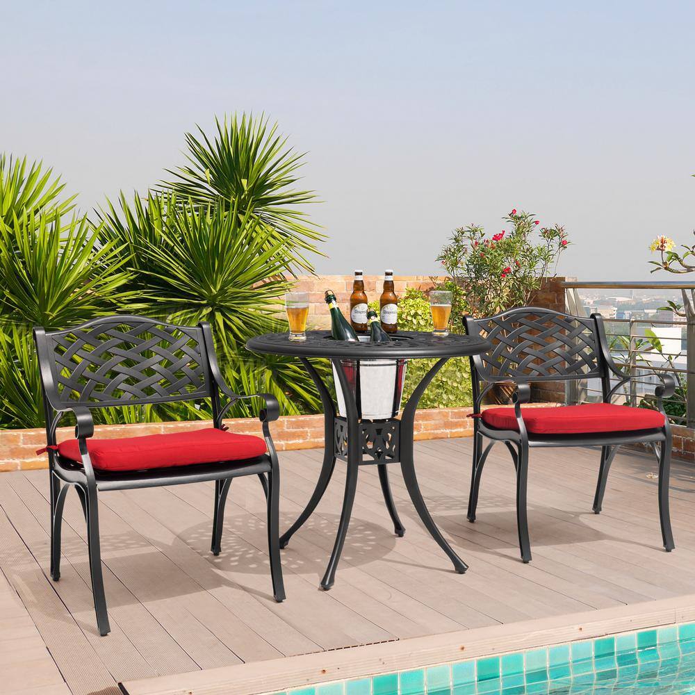 Nuu Garden 3-Piece Black Cast Aluminum Patio Round Outdoor Bistro Set with Red Cushions