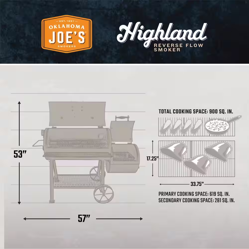 OKLAHOMA JOE'S Highland Reverse Flow Offset Charcoal Smoker and Grill in Black with 900 sq. in. Cooking Space