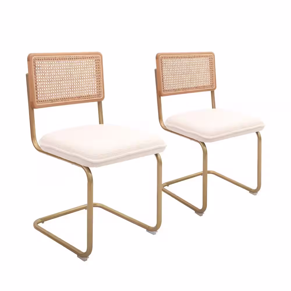 Unbranded Modern Dining, Accent Rattan Kitchen, Armless Mesh Back Cane Chairs, Upholstered with Metal Chrome Legs, Set of 2, White