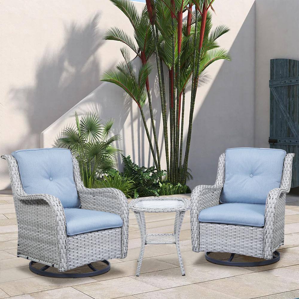 Gymojoy Carolina Light Gray 3-Pieces Wicker Patio Conversation Deep Seating Set with Olefin Baby Blue Cushions