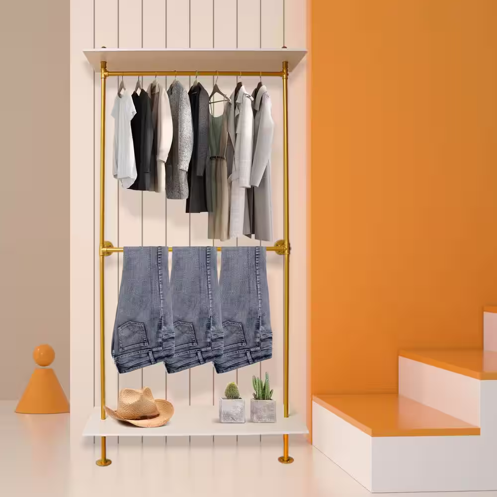 None Gold Wall-Mounted Modern Industrial Iron Pipe Hanging Rods Clothes Rack with 2 Tier Wood Shelf 92.13 in. H x 17.7 in. W
