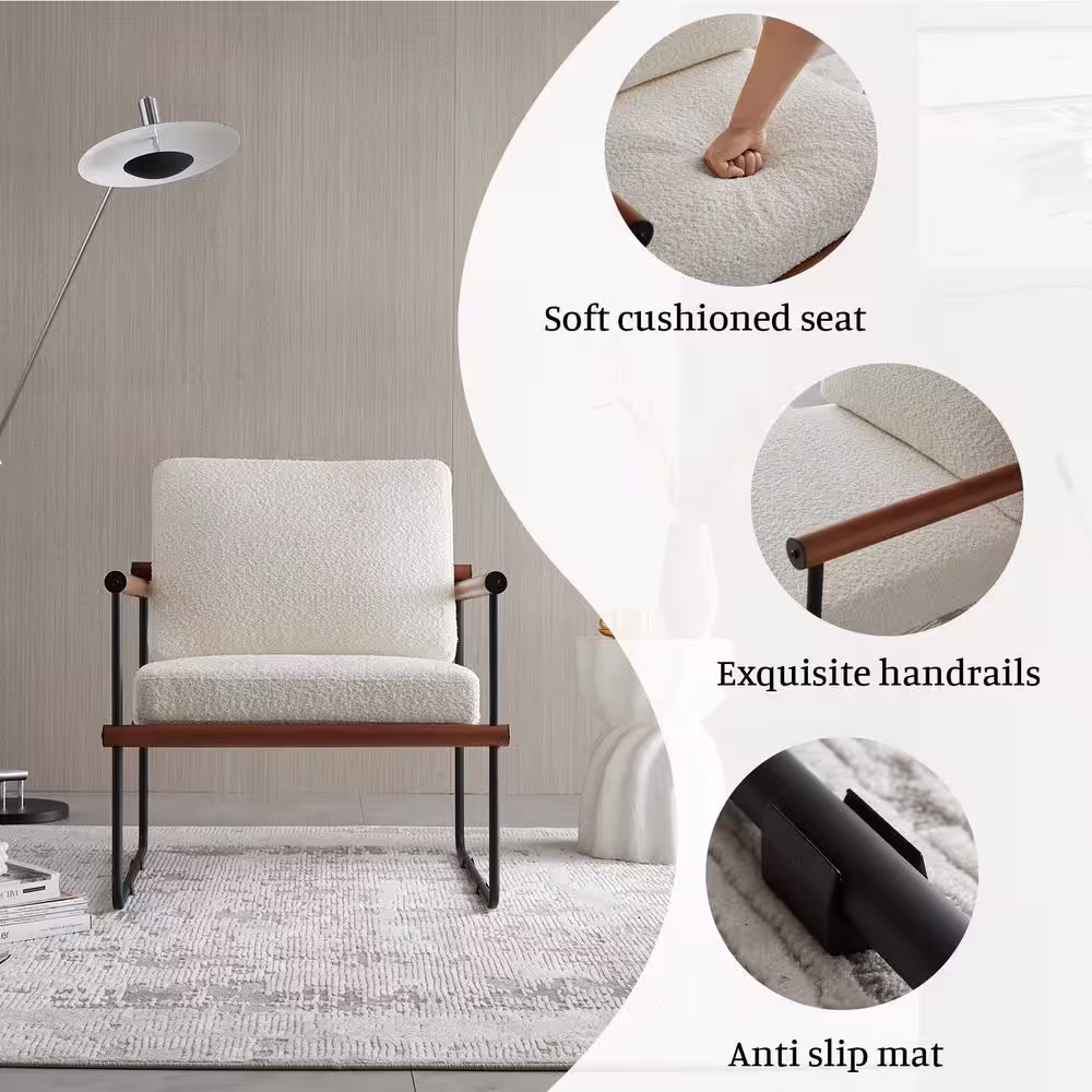 GOJANE 16.7 in. White Round Slate Stone Coffee Table and Single Upholstered Armchair with 3 Pieces