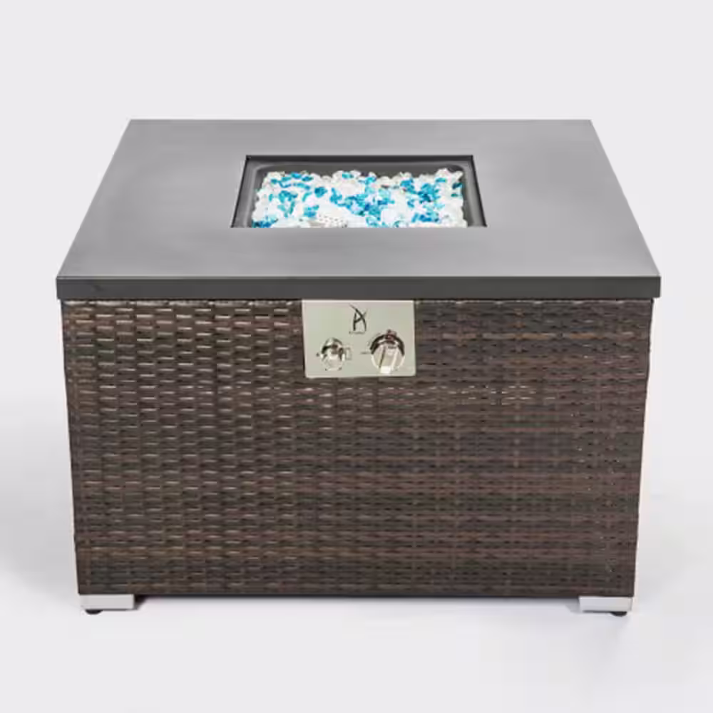 None 32 in. x 32 in. 40000 BTU Square Wicker Propane Outdoor Fire Pit Table with Glass Rocks, Dark Brown