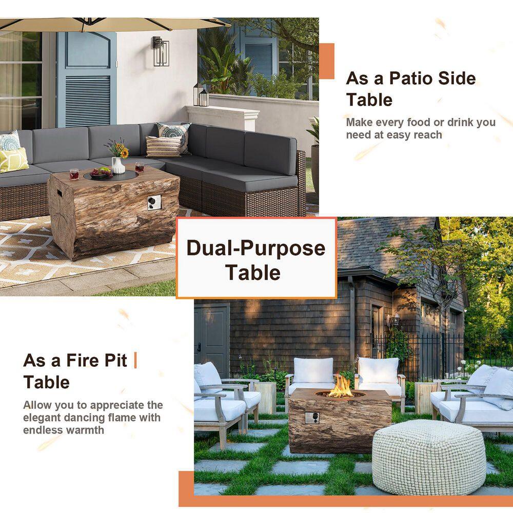 None Rectangle Propane 40 in. Stone Metal Fire Pit Table Wood-Like Surface with Lava Rock PVC Cover