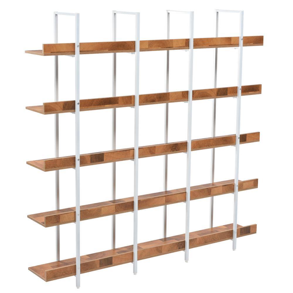 Siavonce 11.81 in. W x 70.90 in. H x 70.90 in. D Brown+White 5 Tier Metal Frame Bookcase Home Office Open MDF Board Bookshelf
