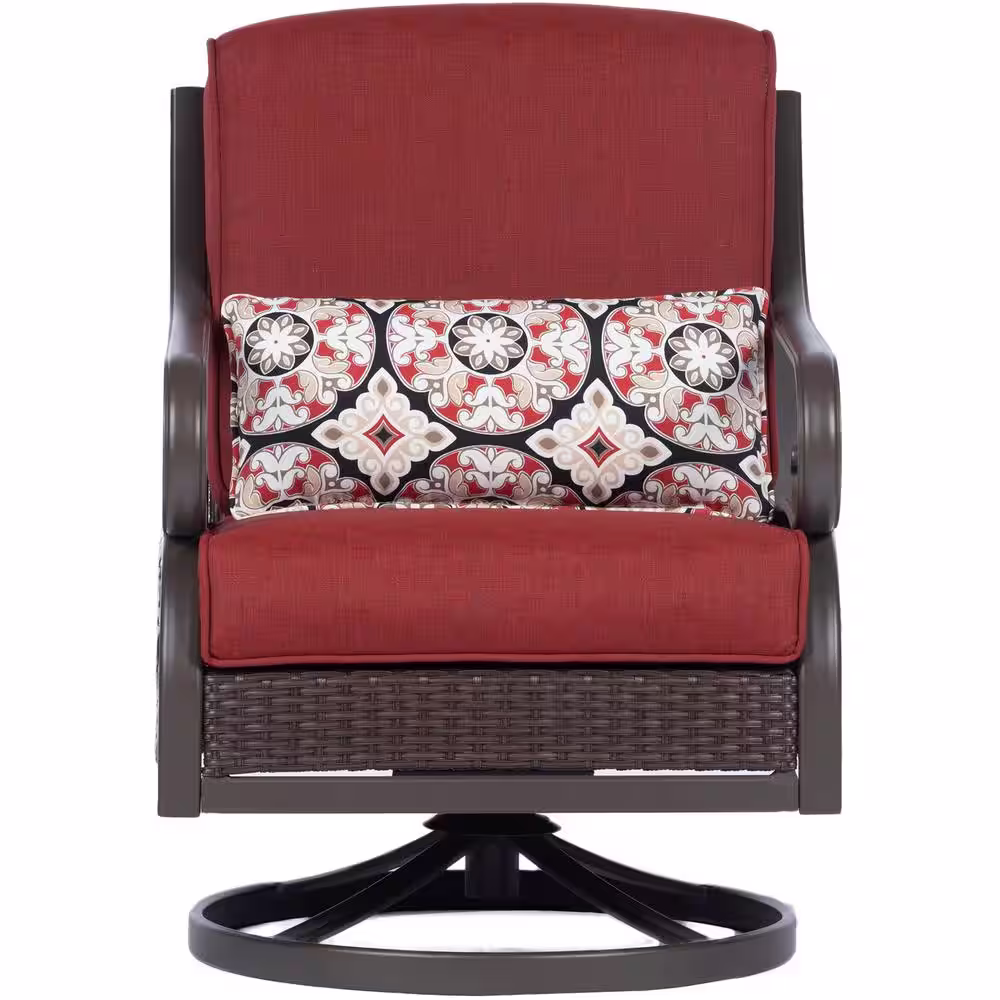 Hanover Madrid 4-Piece Wicker Patio Conversation Set w/ Red Cushions, 2 Swivel Chairs, Loveseat, Coffee Table, All-Weather