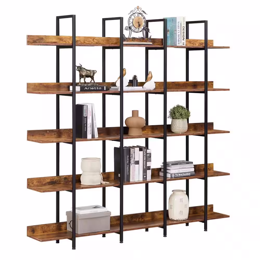 Siavonce 11.81 in. W x 70.87 in. H x 70.87 in. D Brown 5 Tier Metal Frame Bookcase Home Office Open MDF Board Bookshelf
