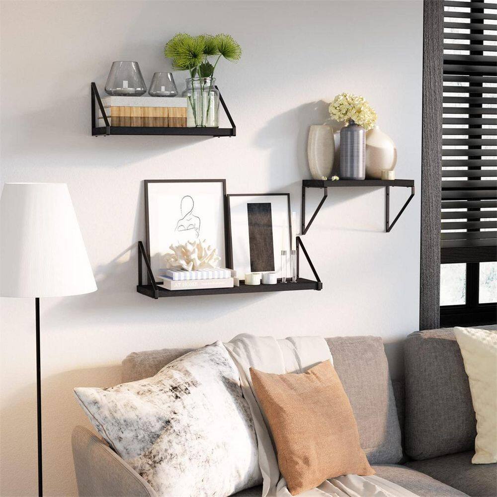 None 5.7 in. x 16.9 in. x 5.78 in. Black Wood Floating Decorative Wall Shelves with Metal Brackets (Set of 3)