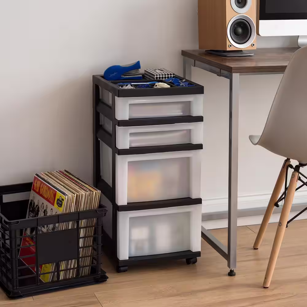 None 4-Drawer Storage Cart with Organizer Top, Black/Pearl, 41.8 qt.