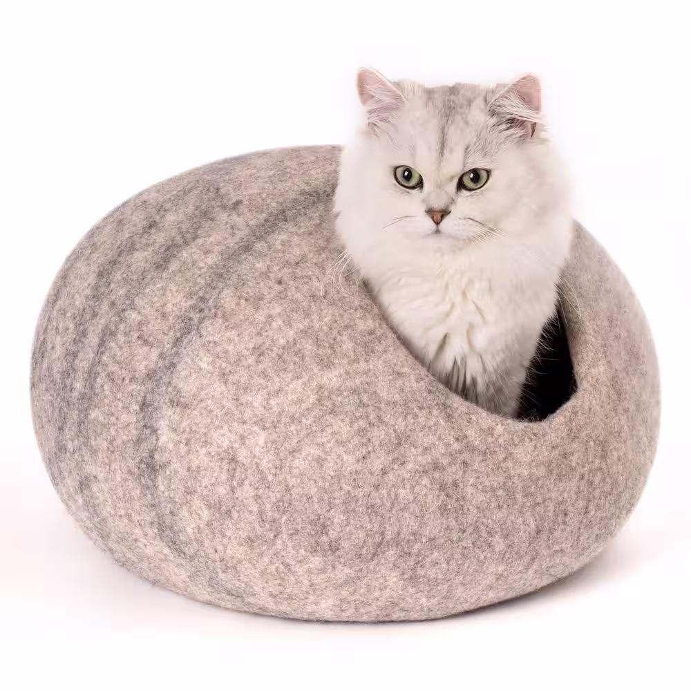 None Beige Wool Cat Cave Bed -Handmade Wool Cat Bed Cave with Mouse Toy