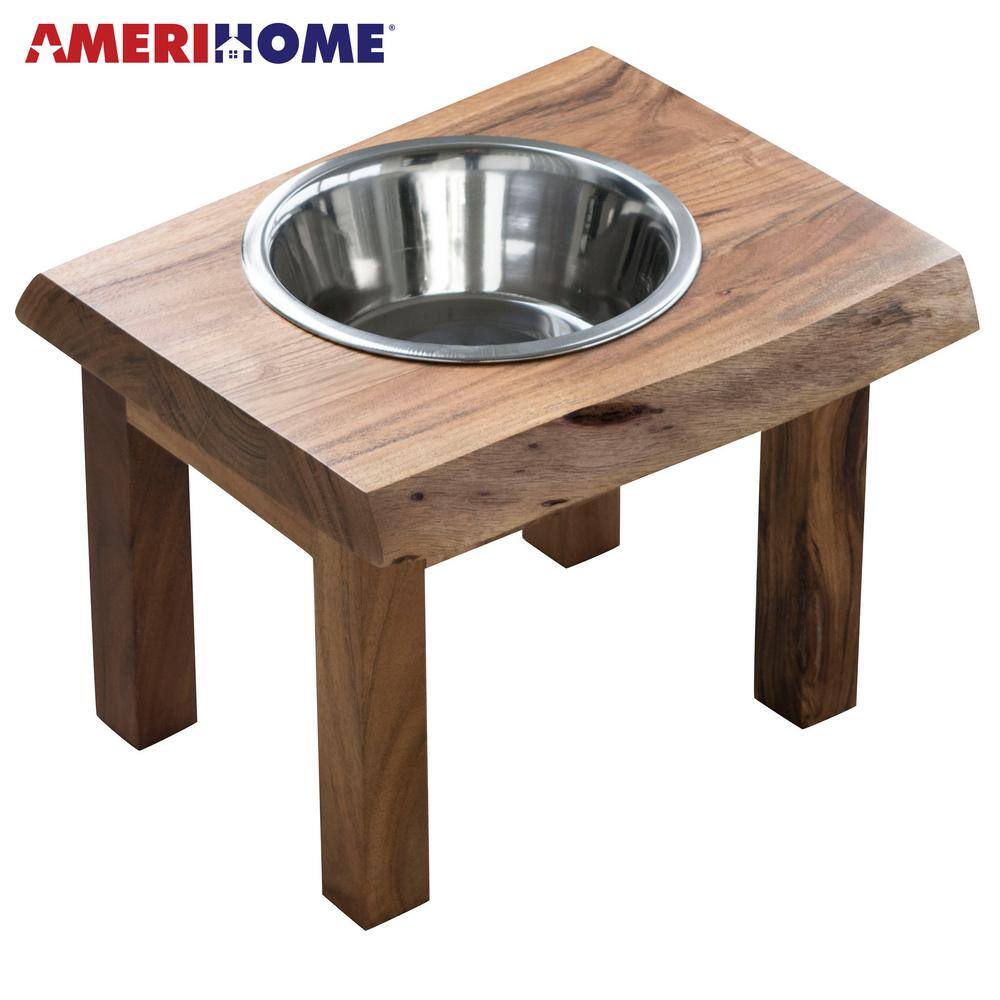 AmeriHome Acacia Wood Live Edge Single Bowl Pet Feeder