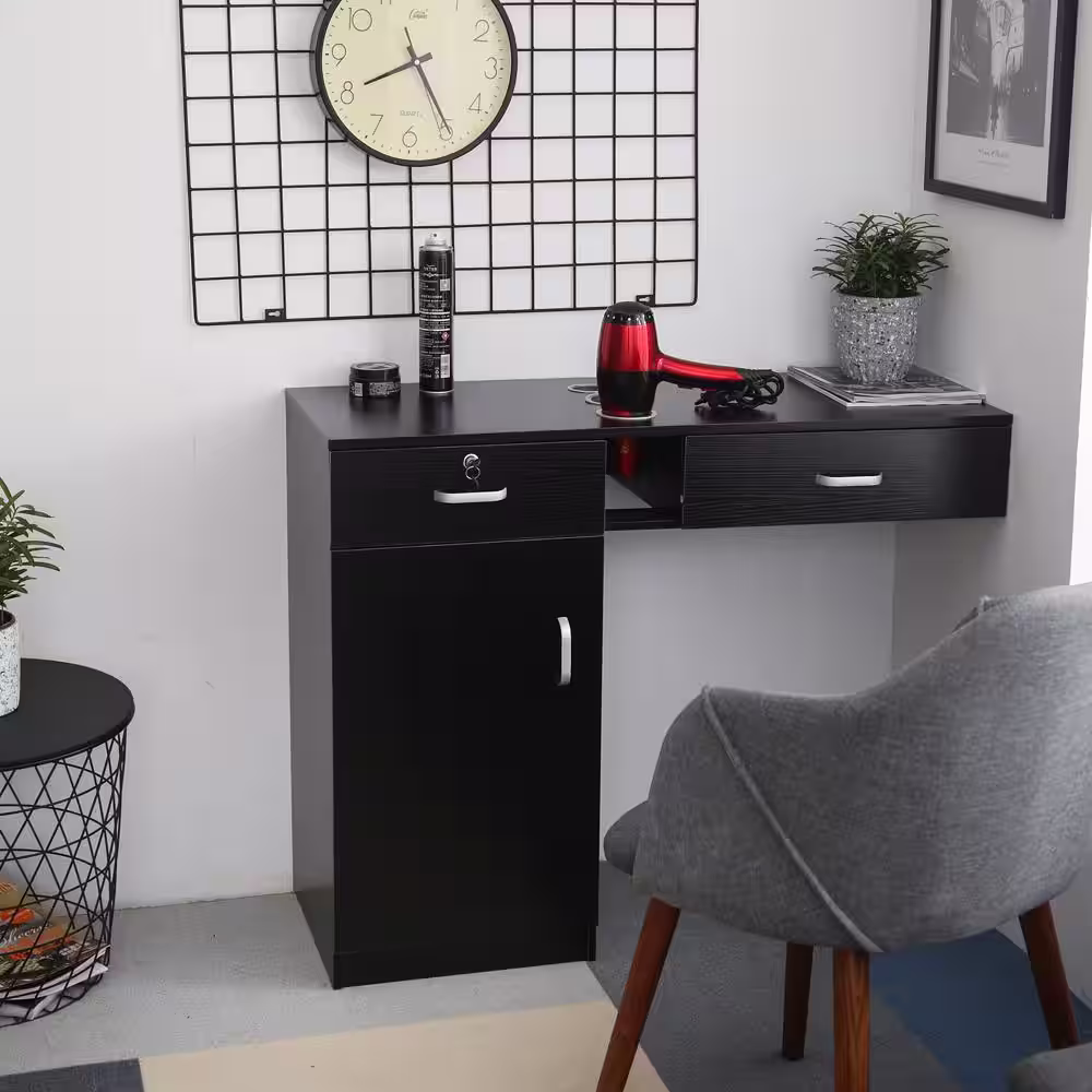 None Wall Mount Black Hair Styling Barber Station Table with 2-Drawers