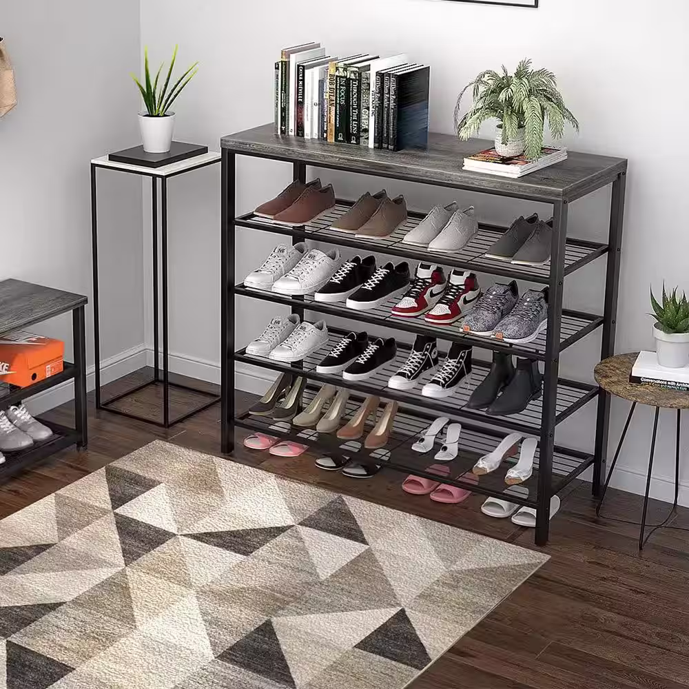 None 36.6 in. H 16-Pair 5-Tier Black Metal Shoe Rack