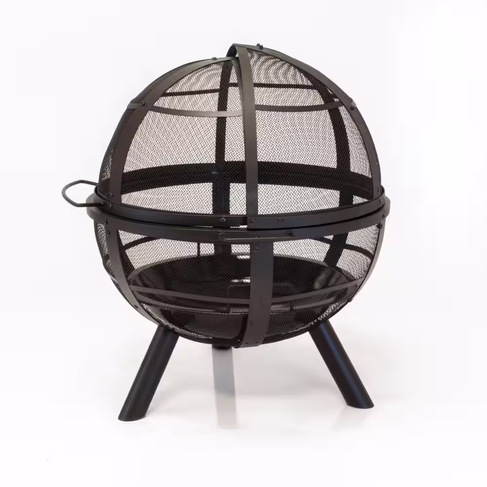 None 35 in. H Outdoor Steel Black Fire Pit with Spherical Spark Screen
