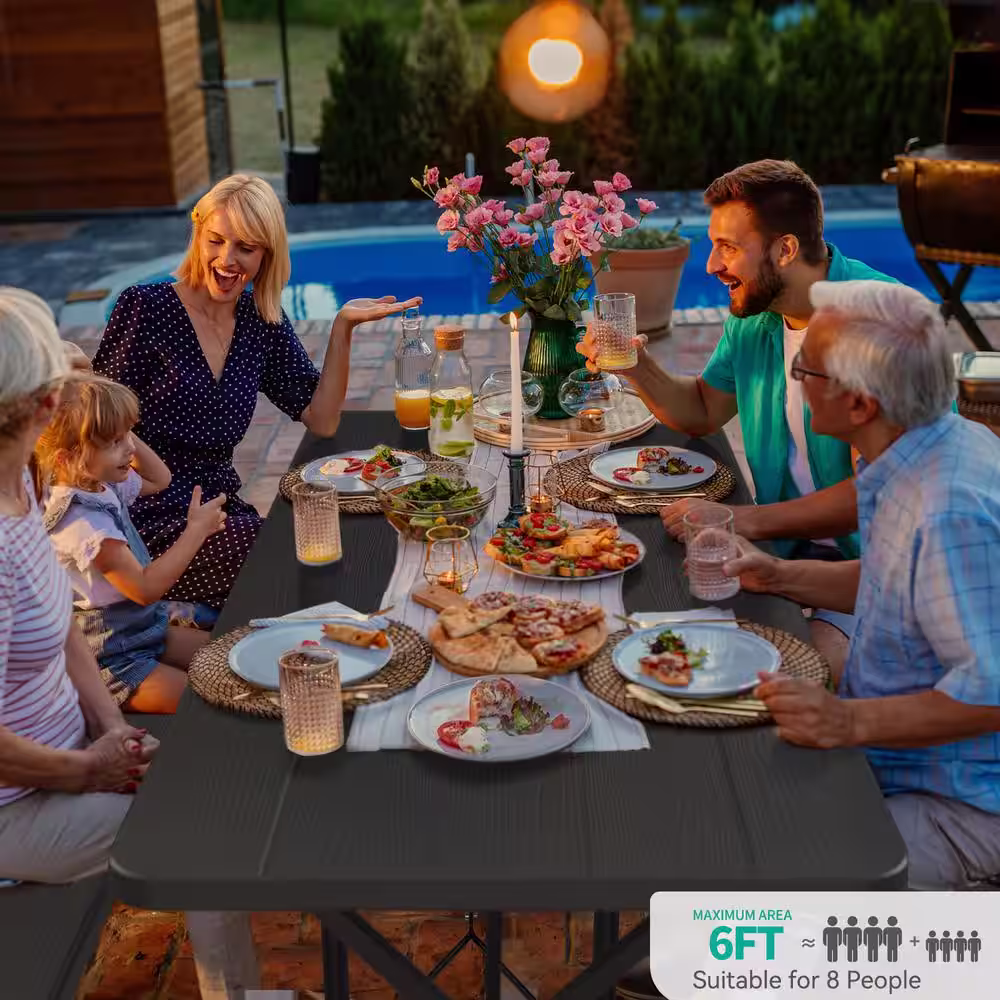 None 6 ft. Black Rectangular HDPE Folding Picnic Table and Bench with Umbrella Hole