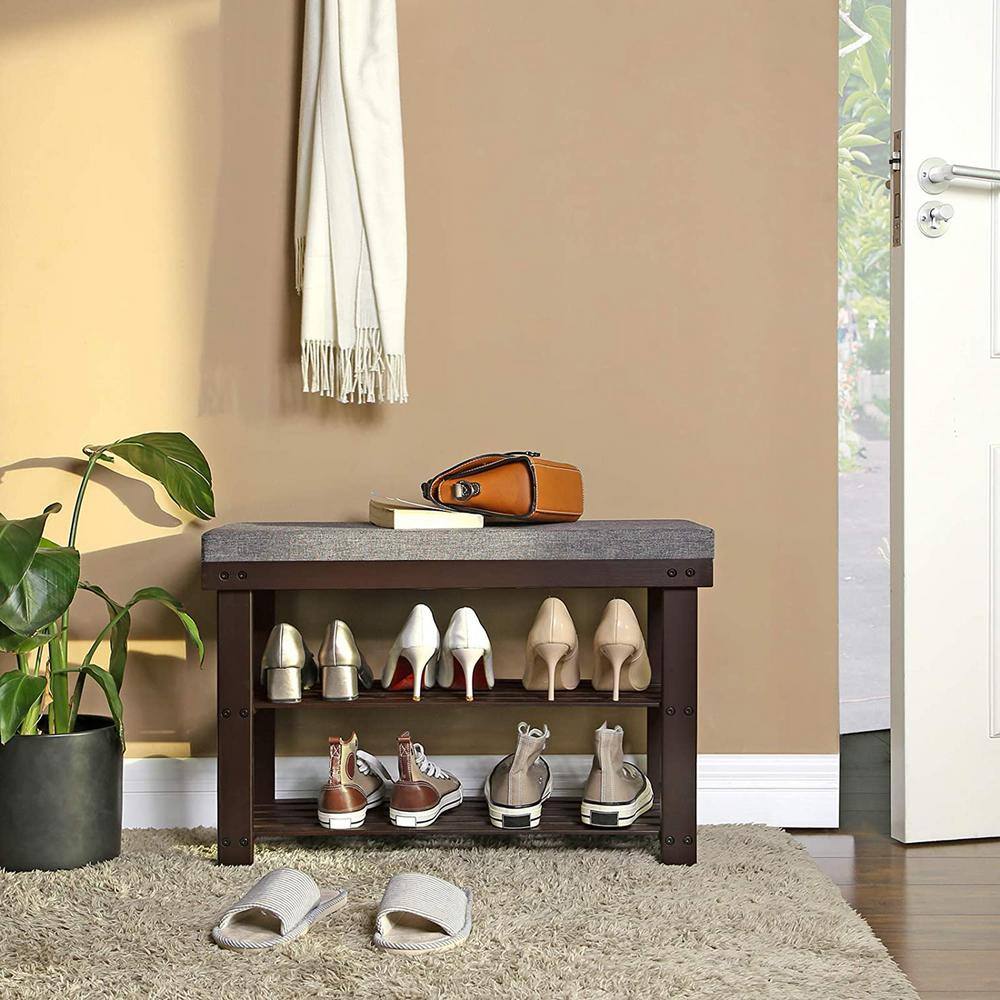 None 19.3 in. H 6-Pair Brown Bamboo Shoe Rack Bench 3-Tier Storage Shelf