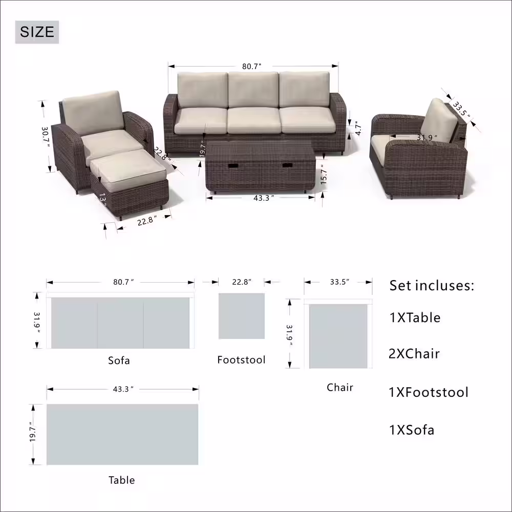 moda furnishings Archer Brown 5-Piece Wicker Patio Conversation Set with Beige Cushions