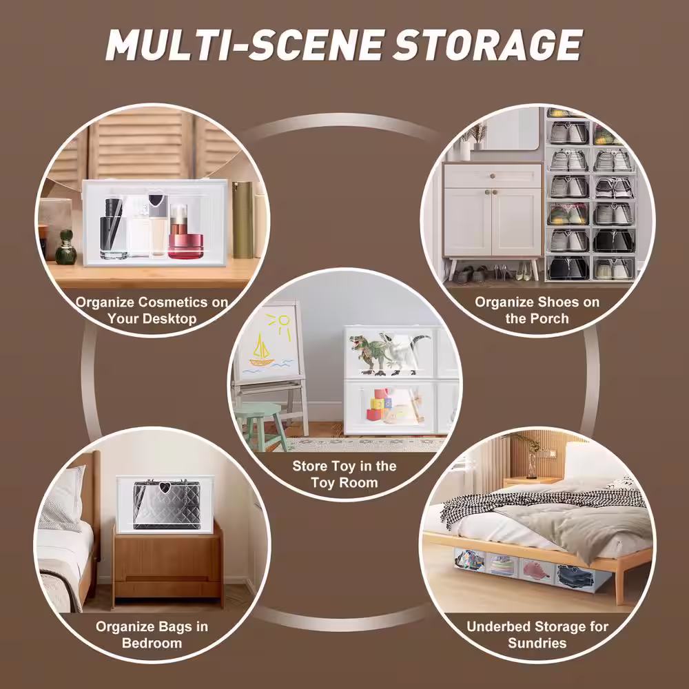 None 20-Pair White Plastic Stackable Drop Front Shoe Boxes with Lid