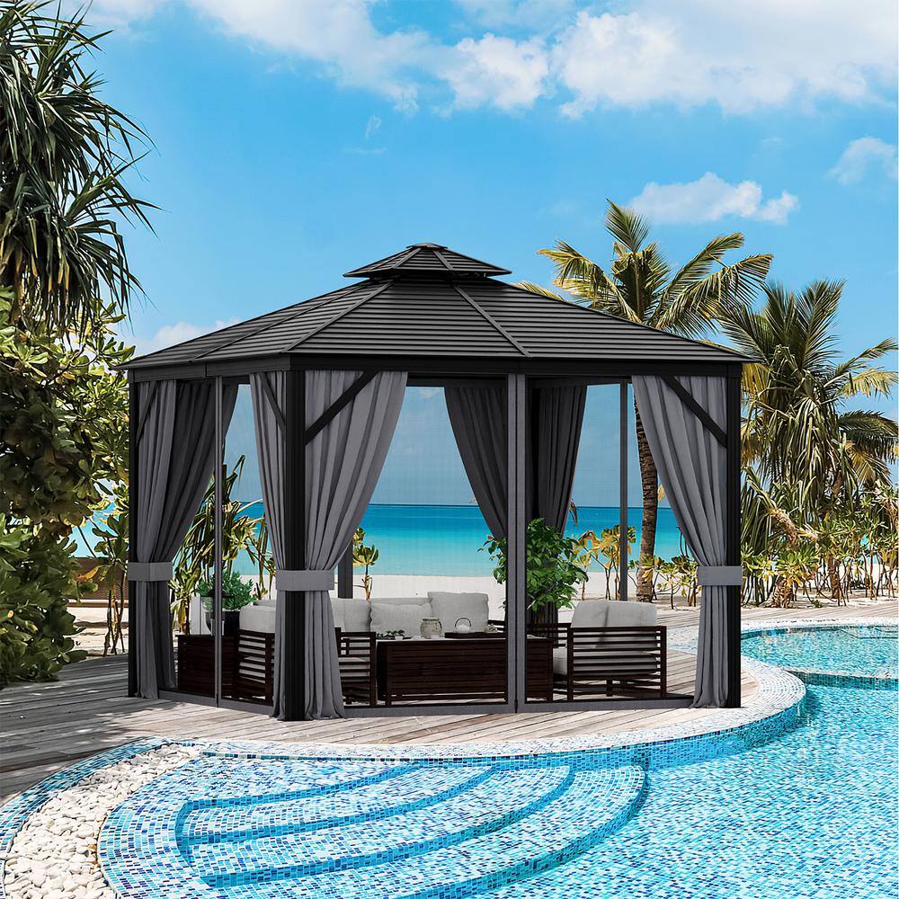 Costway 10 ft. x 10 ft. Patio Double-Top Hardtop Gazebo Galvanized Steel Roof Aluminum Frame