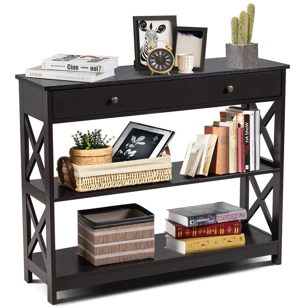 Costway Espresso Heavy Duty 3-Tier MDF Wire Shelving Unit Entryway Table (12 in. W x 31 in. H x 39 in. D)