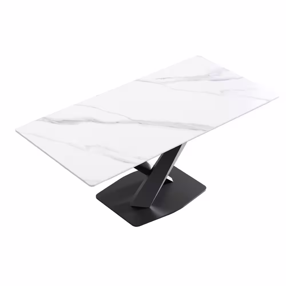 J&E Home 70.87 in. Rectangle White and Black Sintered Stone Tabletop Dining Table with Black Carbon Steel Base (Seats 8)