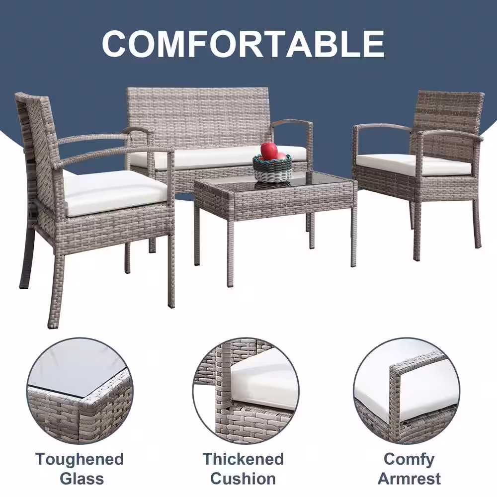 None 4-Piece Wicker Patio Conversation Set with Cushions