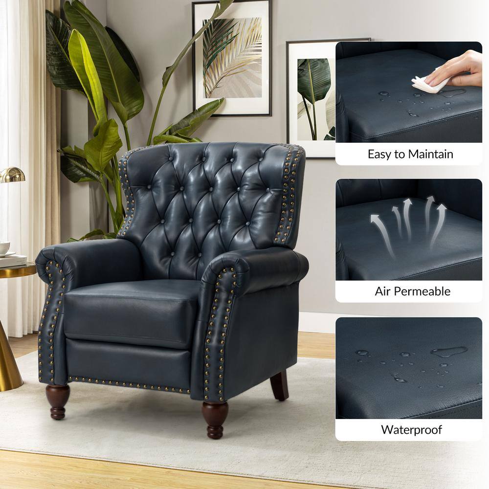 JAYDEN CREATION Isabel Navy Genuine Leather Recliner with Tufted Back and Rolled Arms