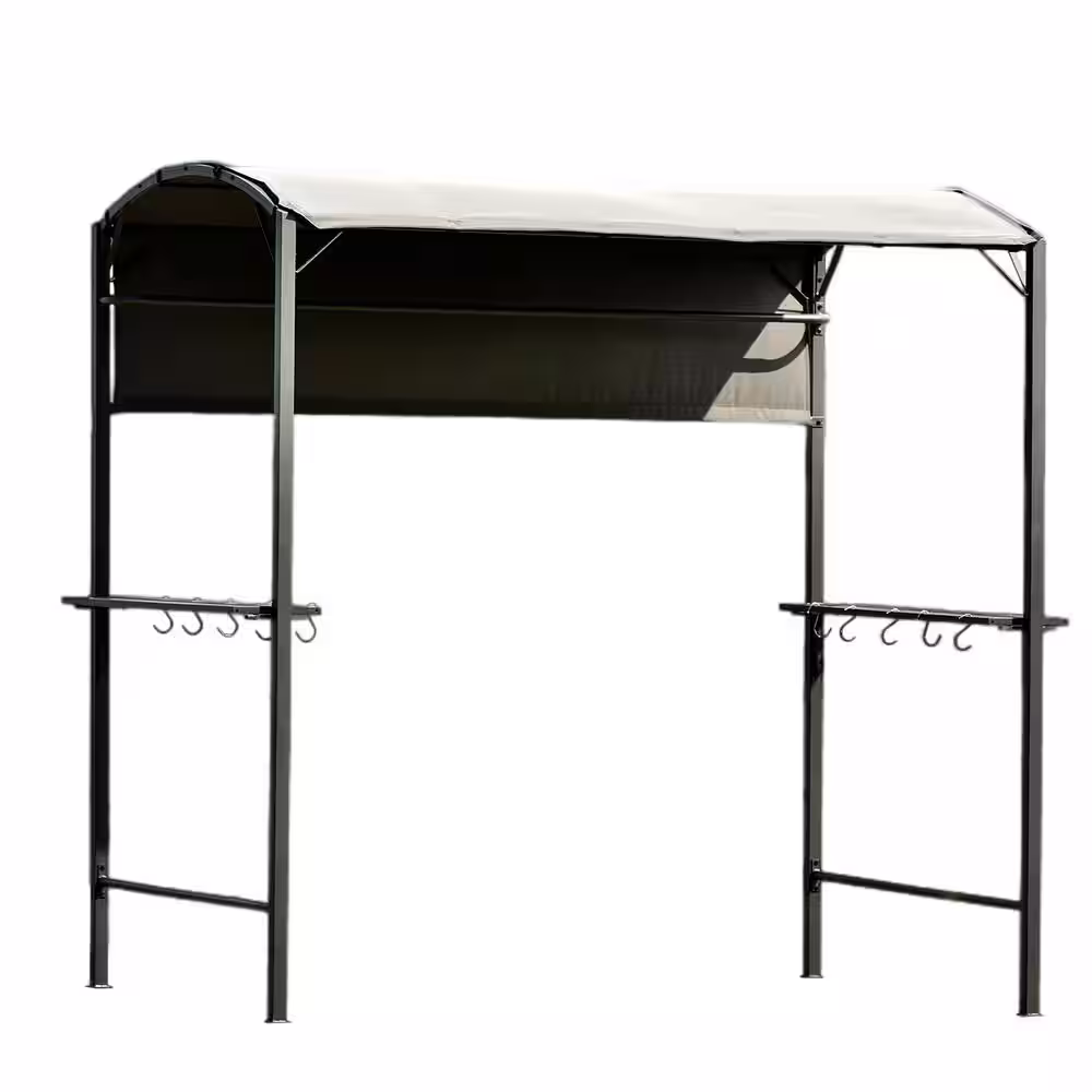 None 7 ft. x 6.8 ft. Steel Double-Layer Soft-Top BBQ Canopy Pavilion with Side Awning, Bar Counters and Hooks