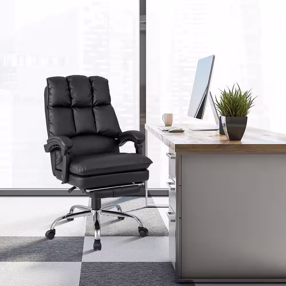 None Faux Leather High Back Reclining Office Chair Ergonomic Computer Desk Chair in Black with Footrest and Pad