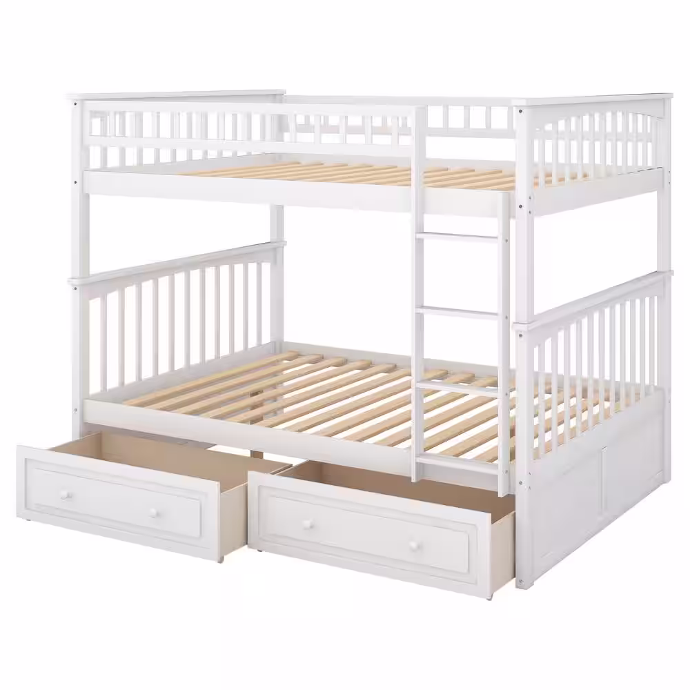 Harper & Bright Designs White Full Over Full Wood Bunk Bed with 2-Drawers